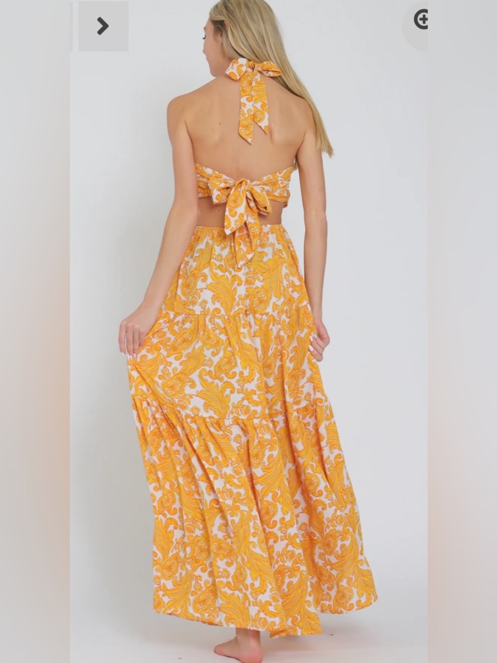 Aakaa Yellow and White Paisley Halter Maxi Dress